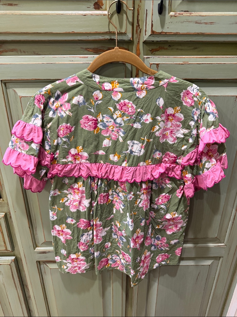 THML Olive Green Floral Pajama Top with Bright Pink Ruffle - Picture 3 of 6